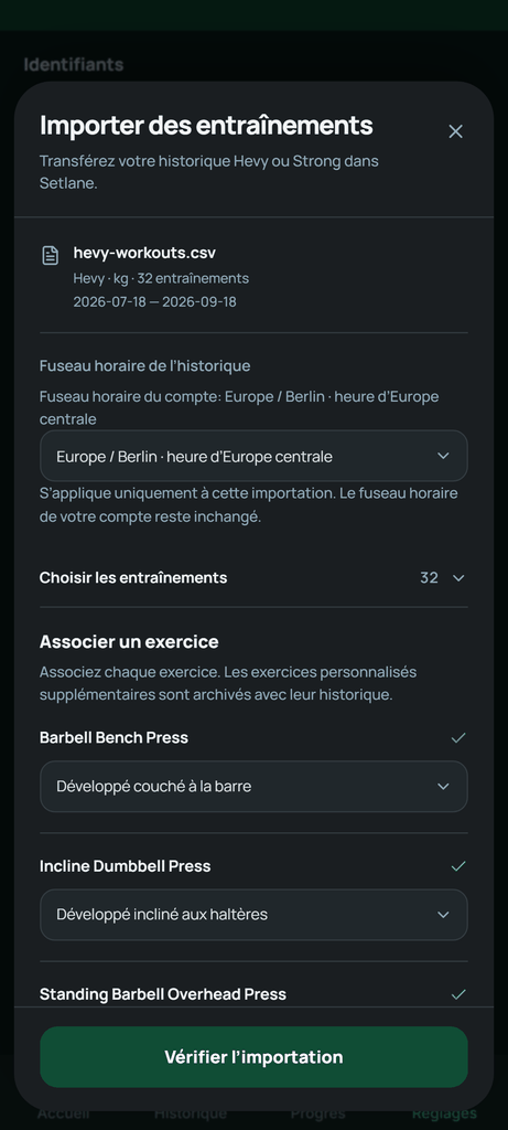 Associez les exercices de votre fichier Hevy avant de vérifier l’importation.