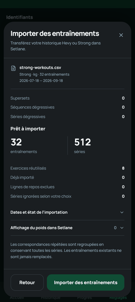 Vérifiez les totaux et les avertissements avant d’appuyer sur Importer des entraînements.