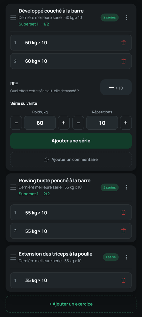Le libellé Superset et la position dans le groupe conservent l’association des exercices. Charge et répétitions restent séparées pour chaque exercice.