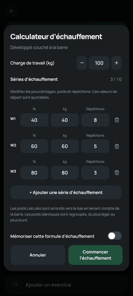 Le calculateur d’échauffement de Setlane, avec pourcentages et répétitions ajustables selon la charge de travail prévue.
