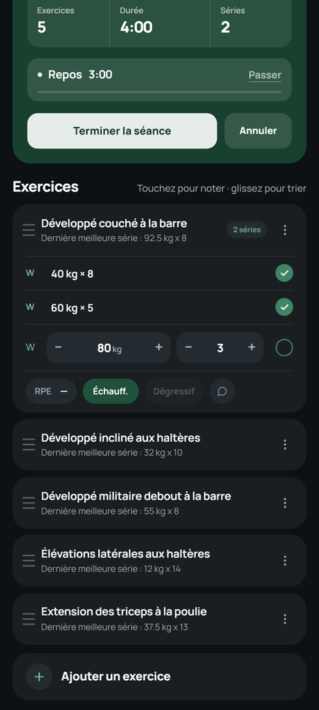 Séries d’échauffement marquées séparément des séries de travail du même exercice dans Setlane.