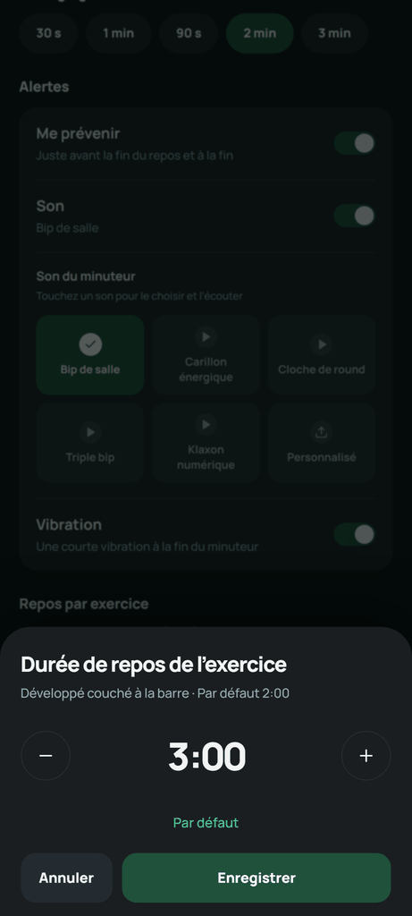 Dans Repos par exercice, choisissez Ajouter un exercice. Sélectionnez l’exercice, définissez sa durée et enregistrez.