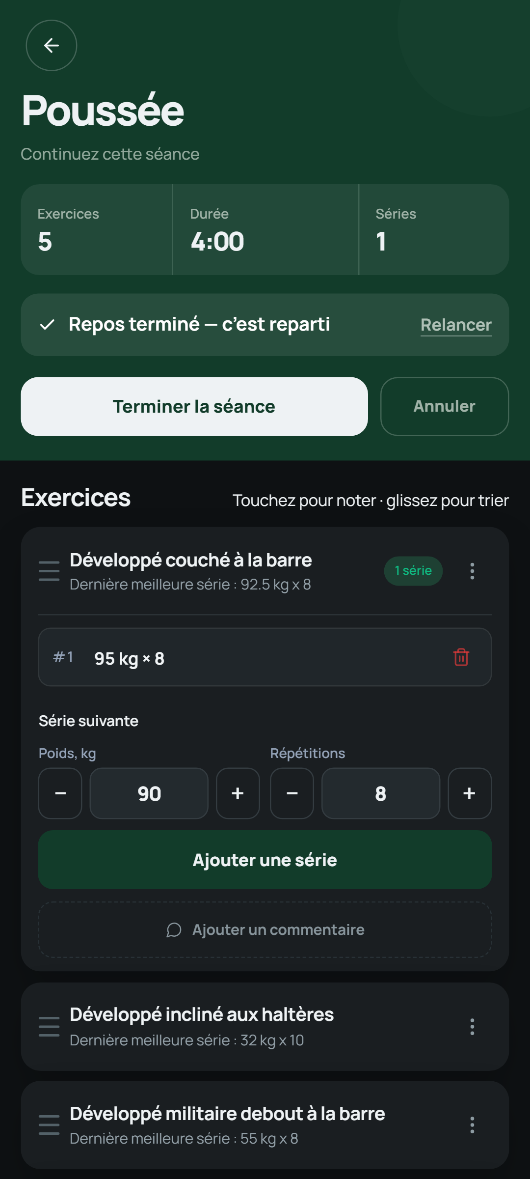 Enregistrement de la série suivante dans Setlane, avec charge et répétitions préremplies