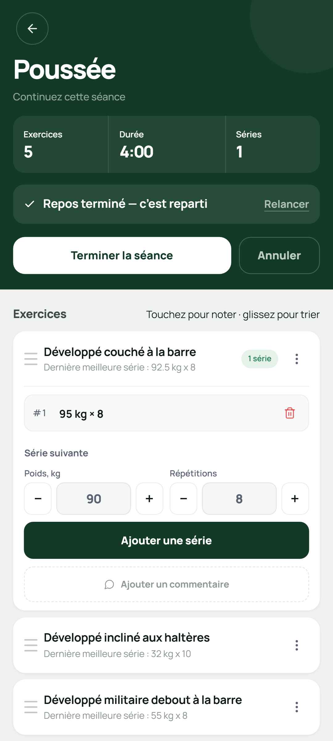 Écran de séance Setlane pour enregistrer la charge et les répétitions d'une série