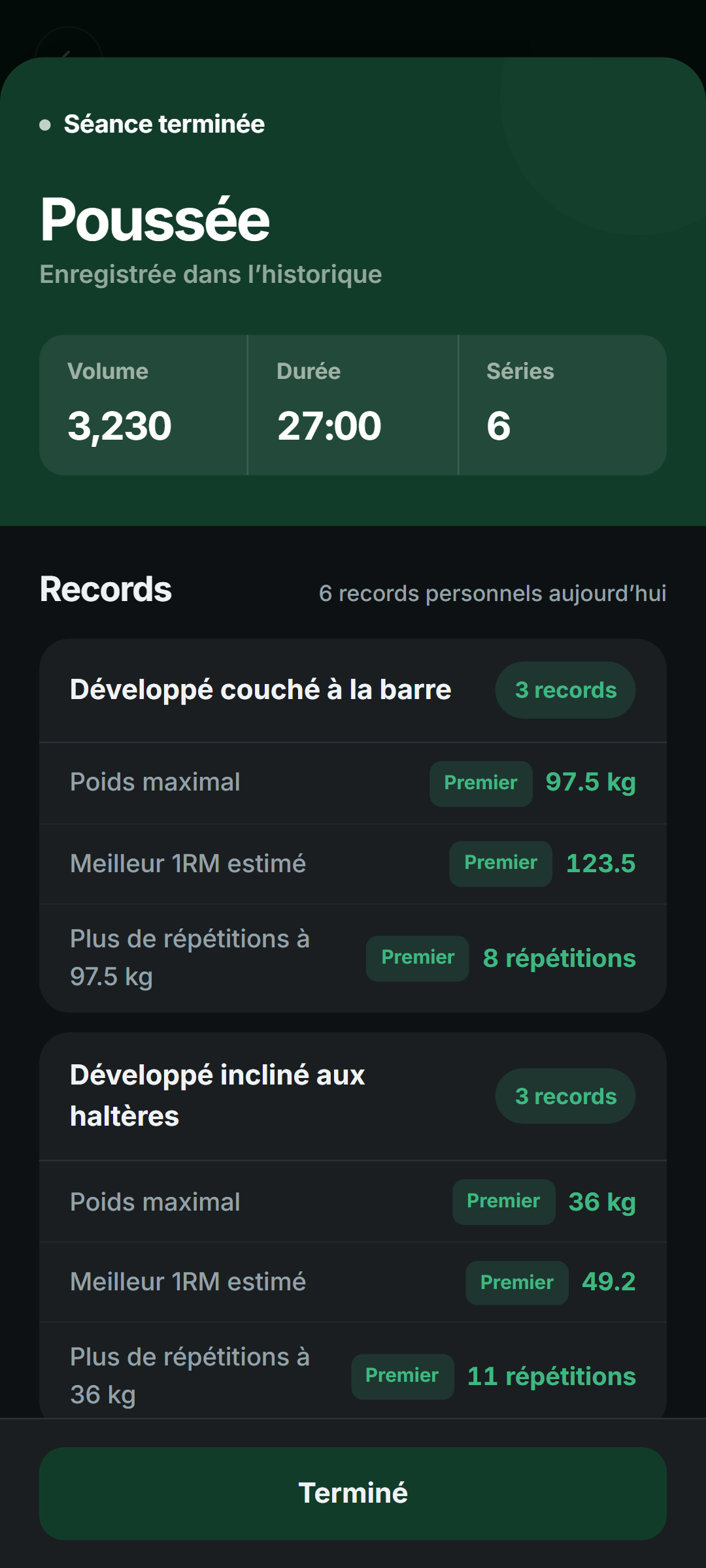 Records personnels d'une séance terminée affichés dans Setlane