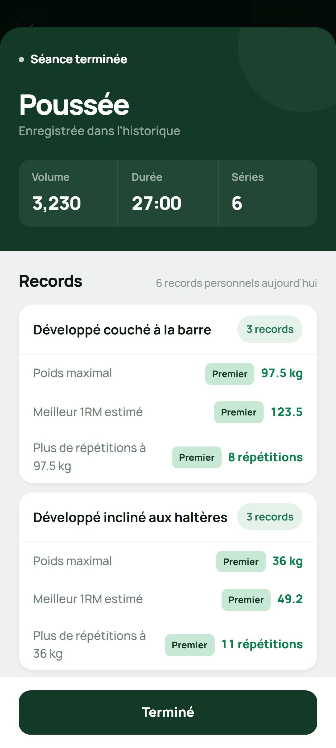 Records après une séance terminée : six records personnels sur deux exercices..