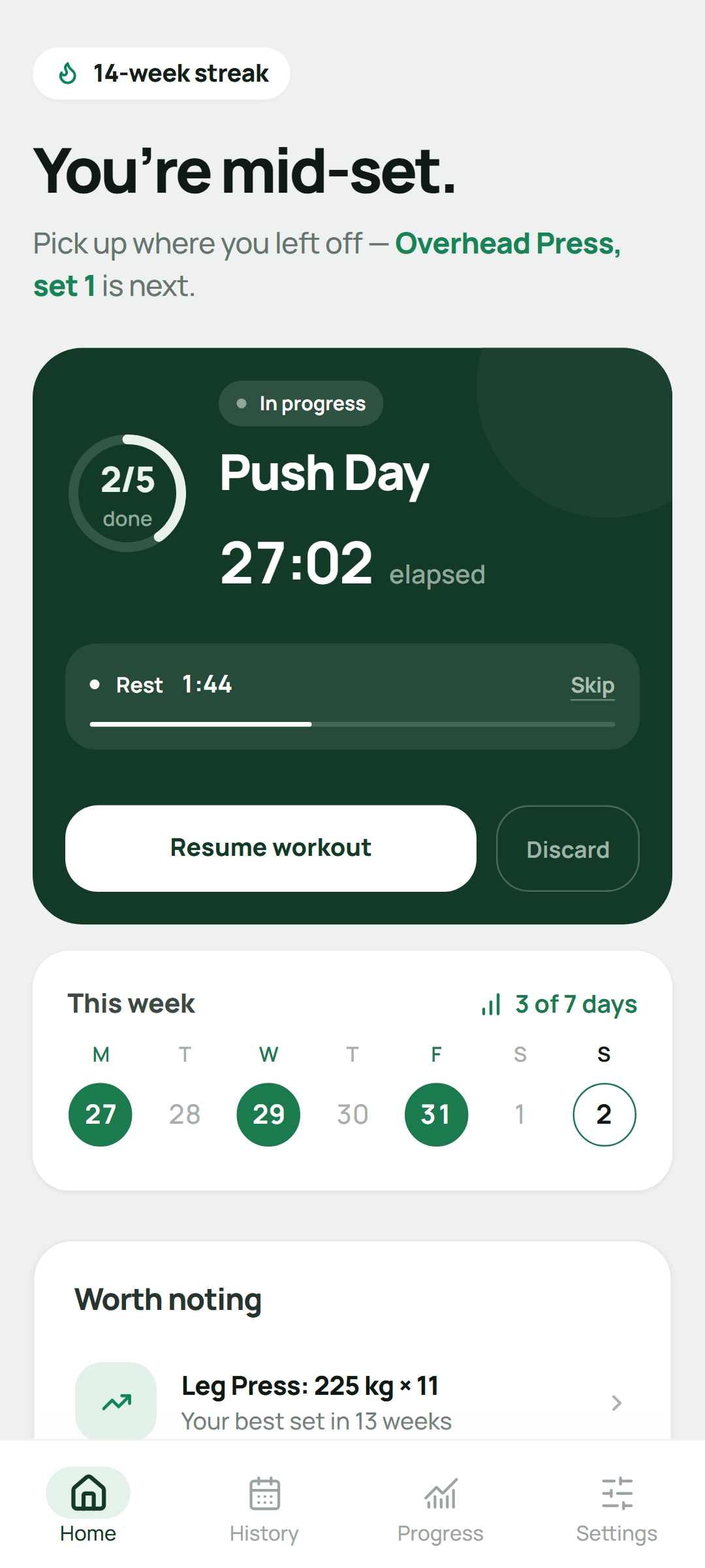 Setlane home screen with the rest timer running