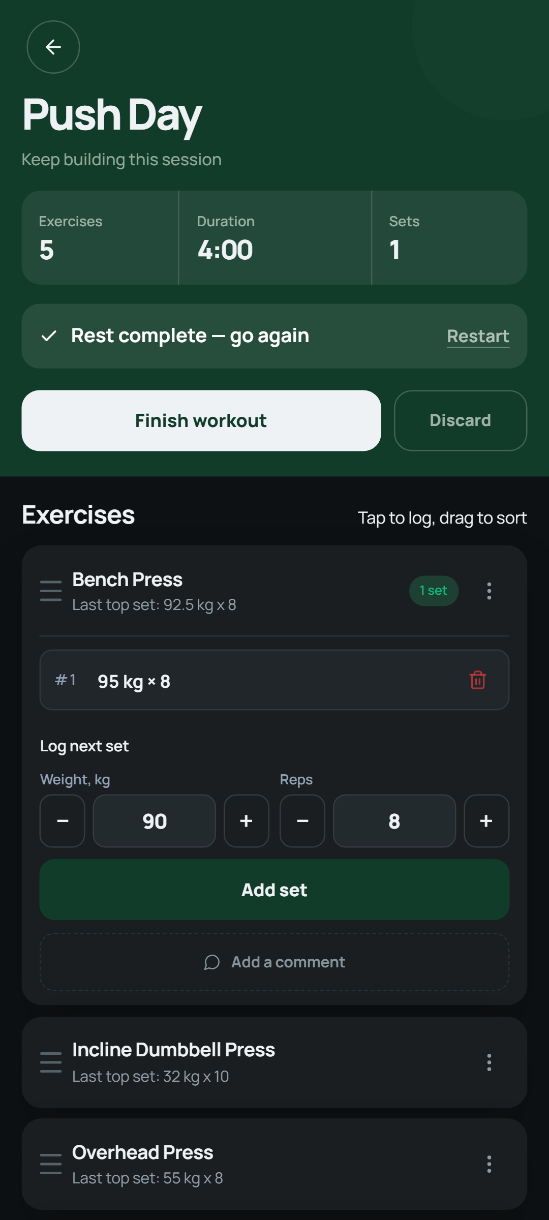 Setlane logging the next set with weight and reps pre-filled
