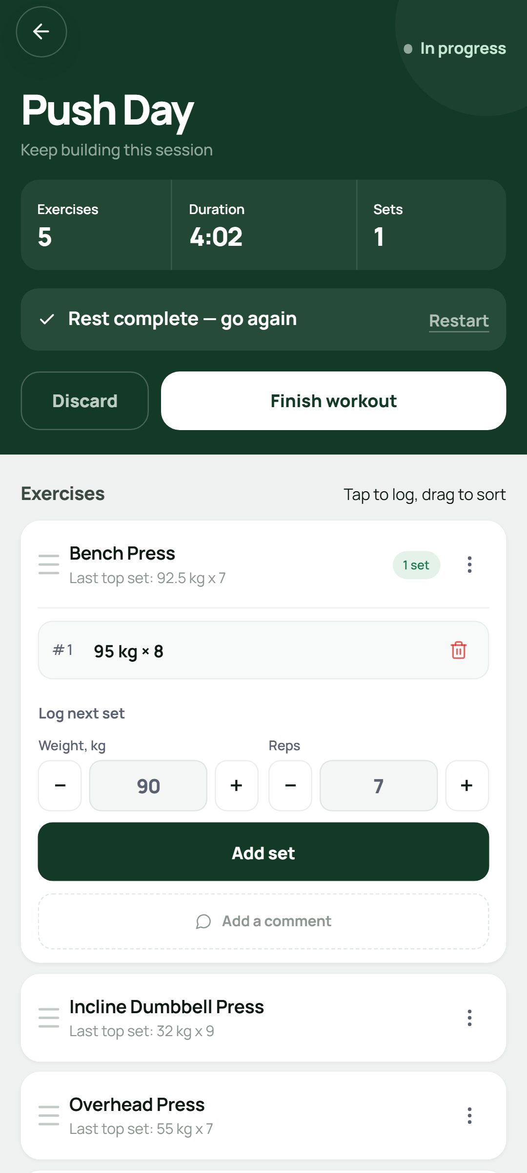 Setlane logging the next set with weight and reps pre-filled