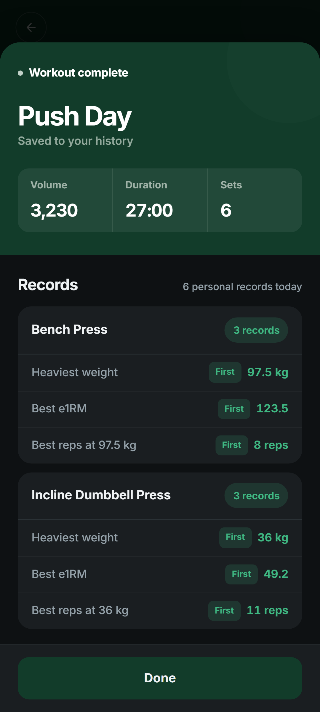 Setlane showing personal records from a completed workout