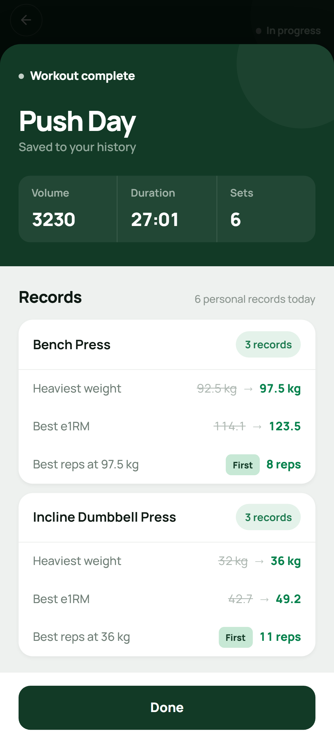 Setlane showing the personal records detected during a workout