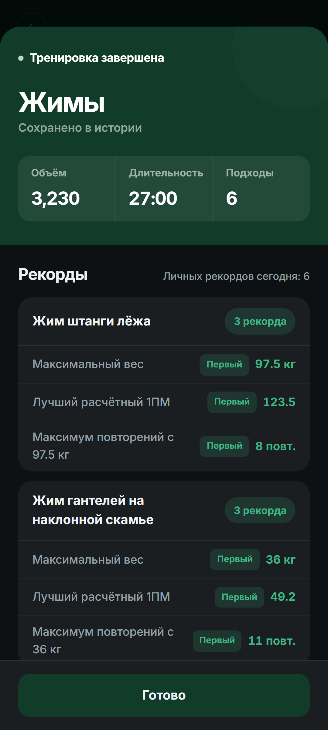Личные рекорды по итогам завершённой тренировки в Setlane